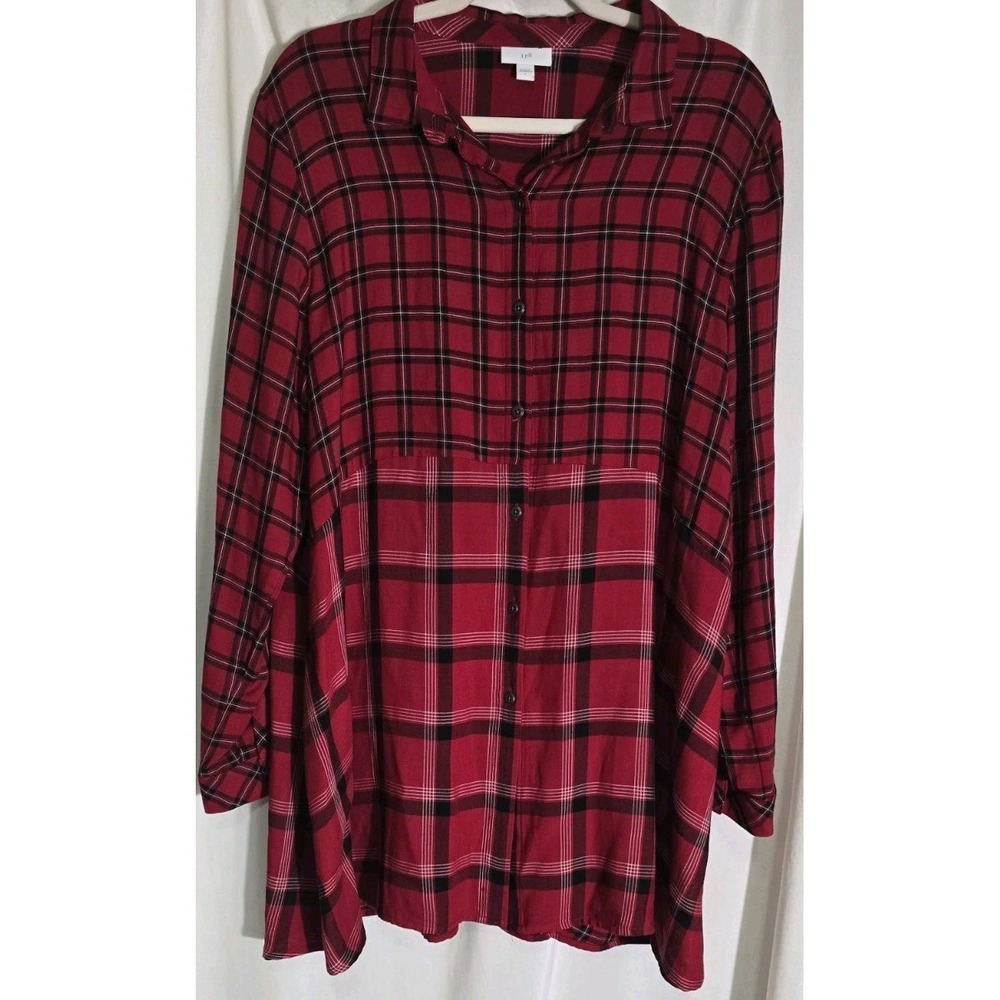 J Jill Top Womens Large Red Plaid Layered Tunic Dress Long Sleeve Pockets Boho